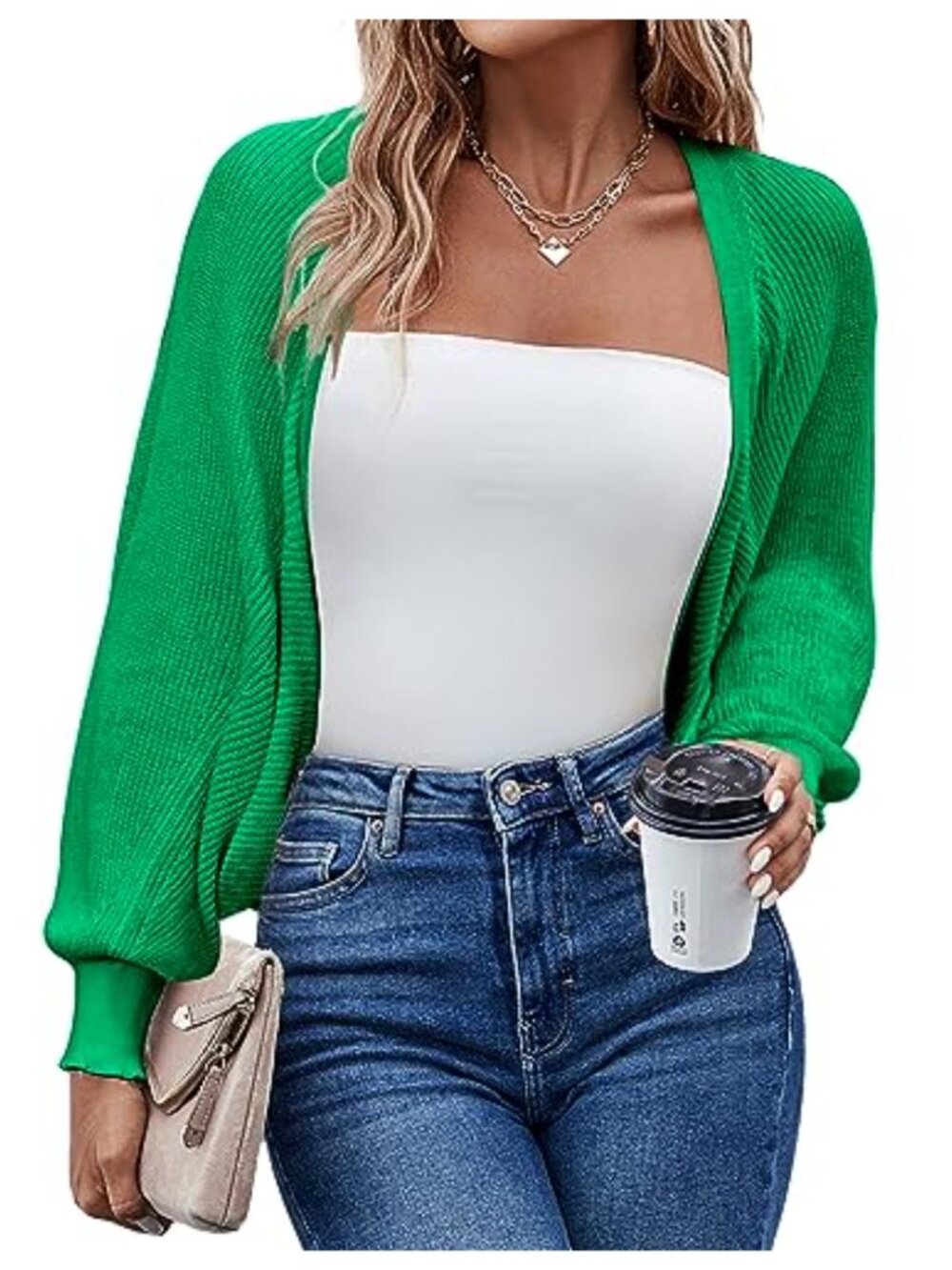 Women's Knitted Cropped Bolero Shrug Long Batwing Sleeve Open Front Cardigan